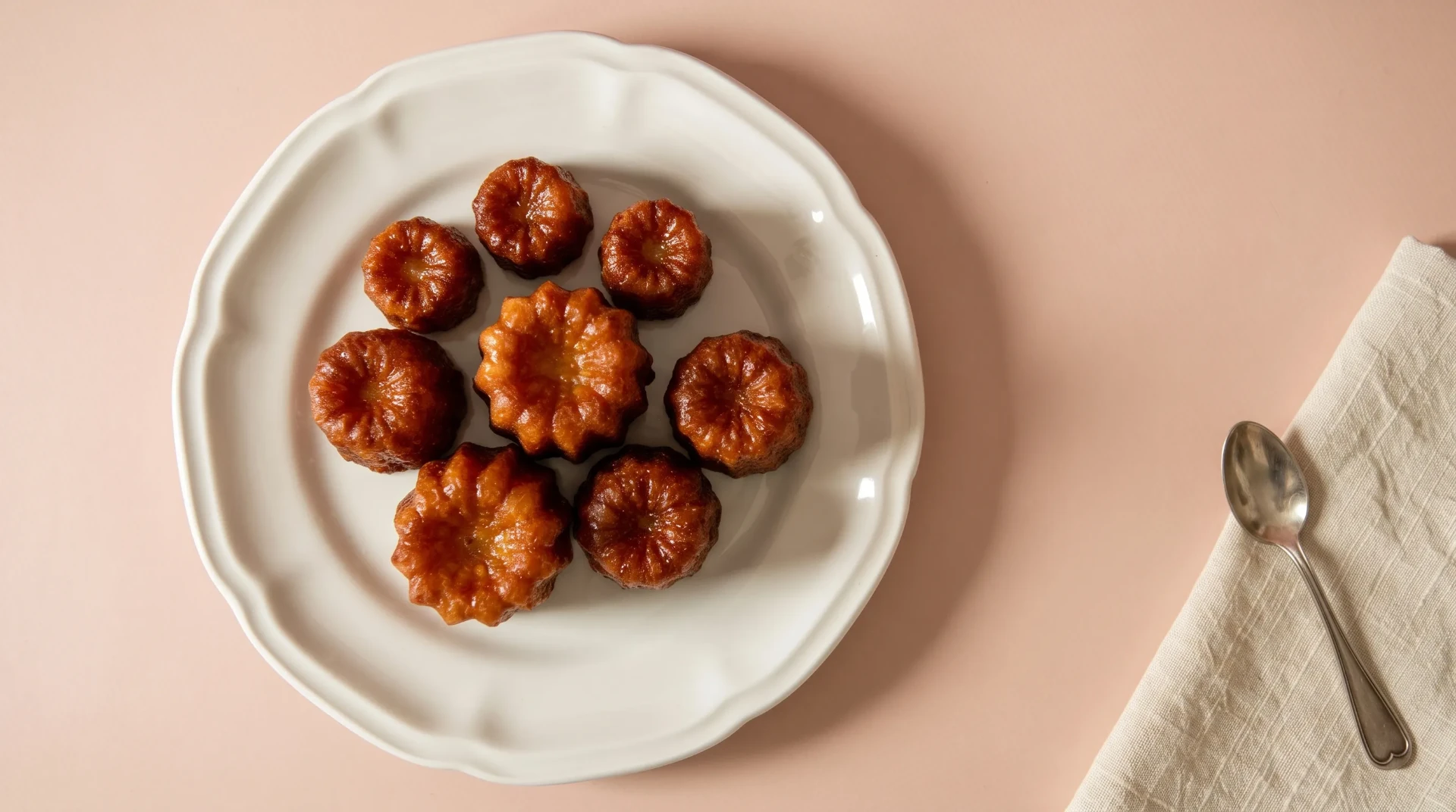 Canelés artisanaux dans une assiette blanche, vus du dessus